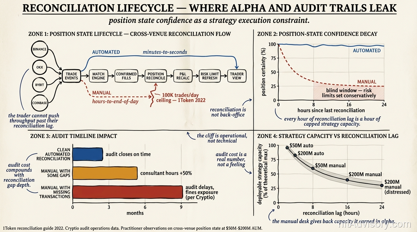 Reconciliation lifecycle for $50M AUM crypto desk: cross-venue position state flow with automated and manual paths, position-state confidence decay curve, audit timeline impact, and strategy capacity vs reconciliation lag relationship