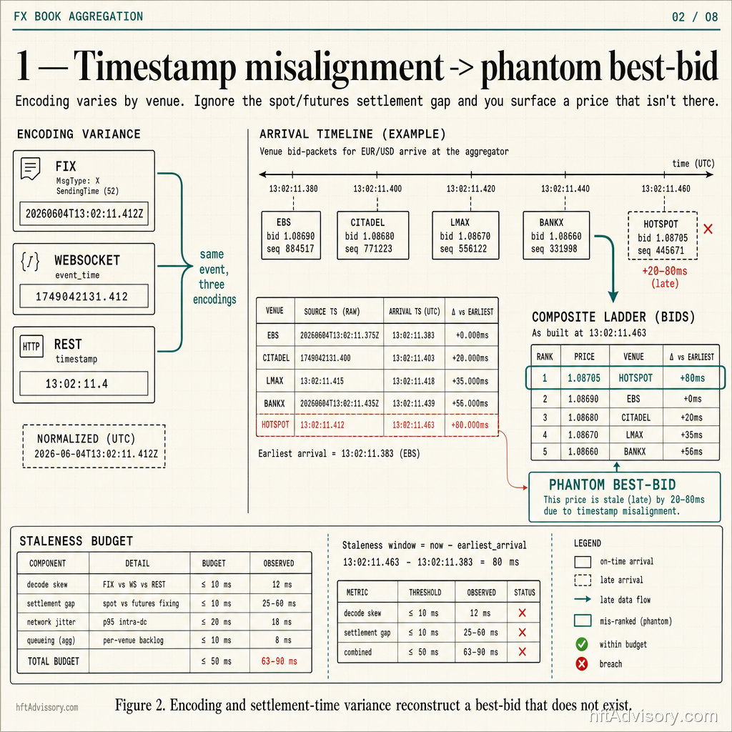 Encoding and arrival-timing variance across FIX, WebSocket, and REST feeds producing a phantom best-bid in the composite ladder