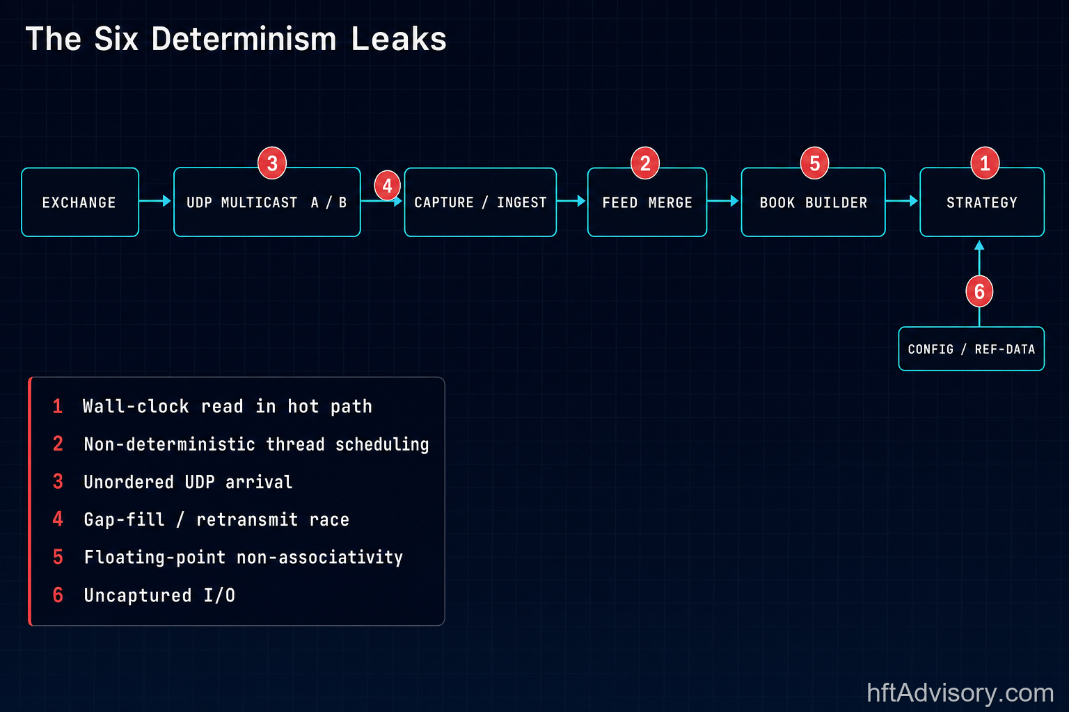 Market data path schematic showing six deterministic-replay failure points from exchange to strategy