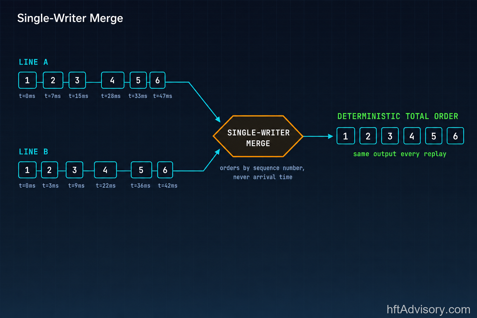 Schematic of single-writer merge authority combining two feed lines into one deterministic sequence