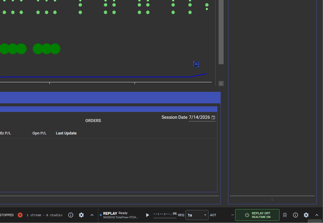 Replay engine loading a NASDAQ TotalView ITCH capture with replay-active/realtime-muted interlock, playback clock, and timestamped bookmarks